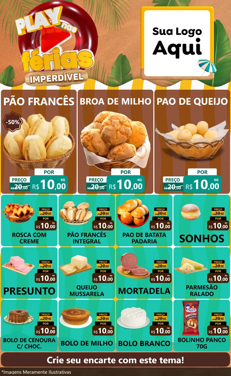 Modelo de Encarte para Encarte Grande com o tema Play Nas Férias Imperdível para Padaria