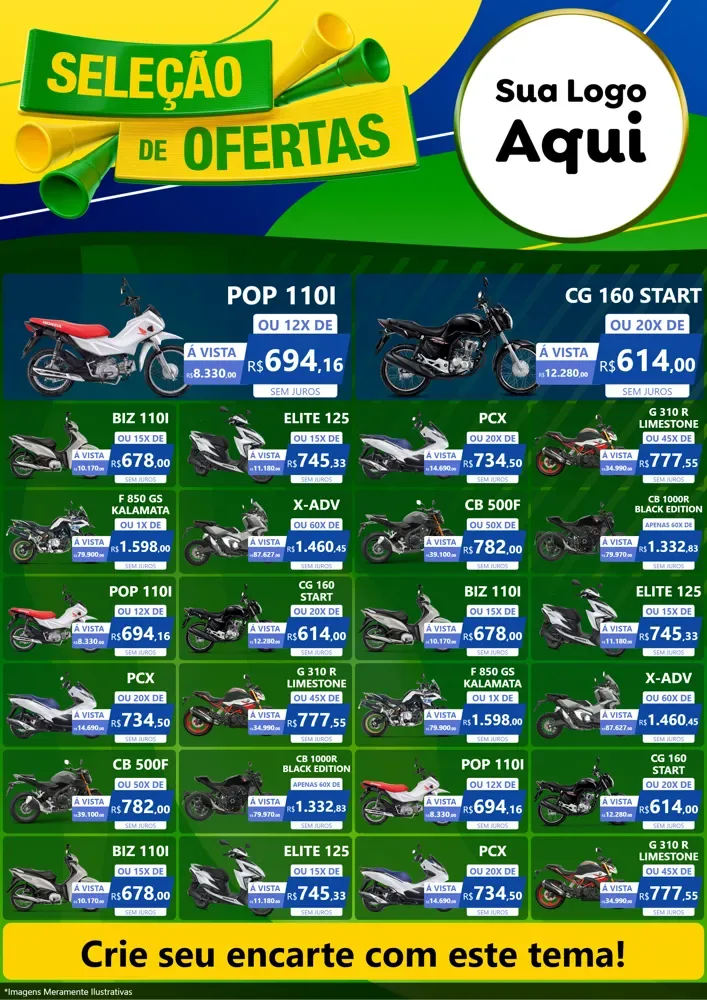 Modelo de Encarte para Encarte A4 Vertical com o tema Seleção de Ofertas - Copa para Concessionaria de Motos