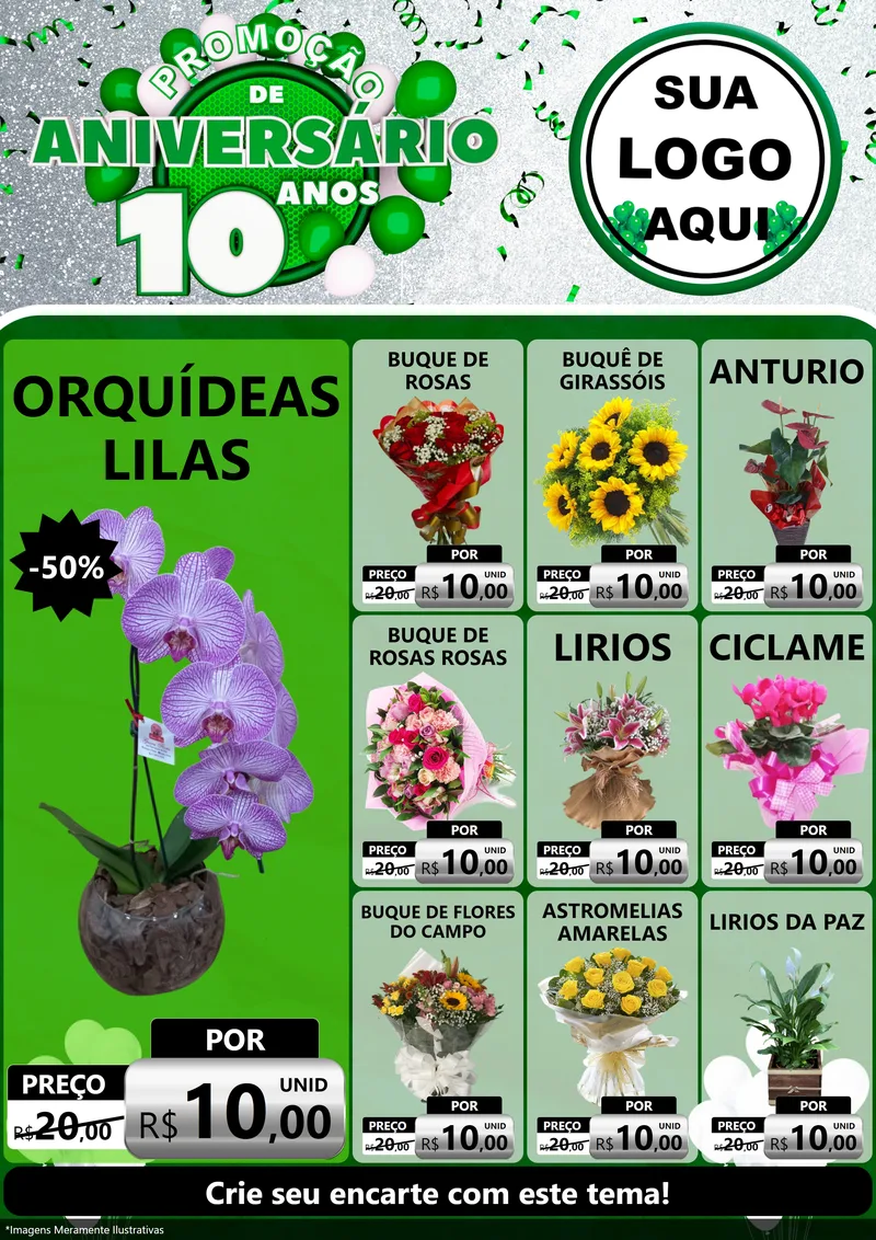 Modelo de Encarte para Encarte A4 Vertical com o tema Promoção de Aniversário - 10 Anos para Floricultura e jardim