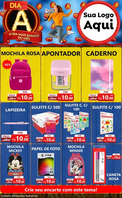 Modelo de Encarte para Encarte Grande com o tema Dia A - O Dia Mais Barato Do Mês para Papelaria