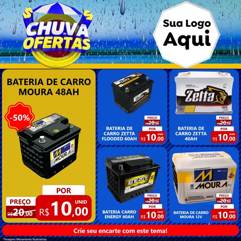 Modelo de Rede Social para Feed Facebook com o tema Chuva de Ofertas para Baterias Elétricas