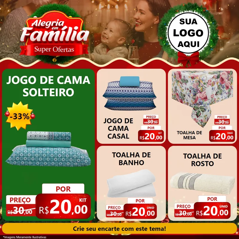 Modelo de Rede Social para Feed Facebook com o tema Alegria Em Família - Super Ofertas para Cama, Mesa e Banho
