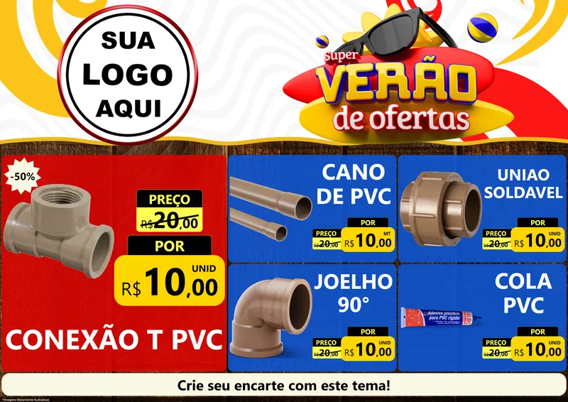 Modelo de Encarte para Encarte A4 Horizontal com o tema Super Verão de Ofertas para Tubos e conexões