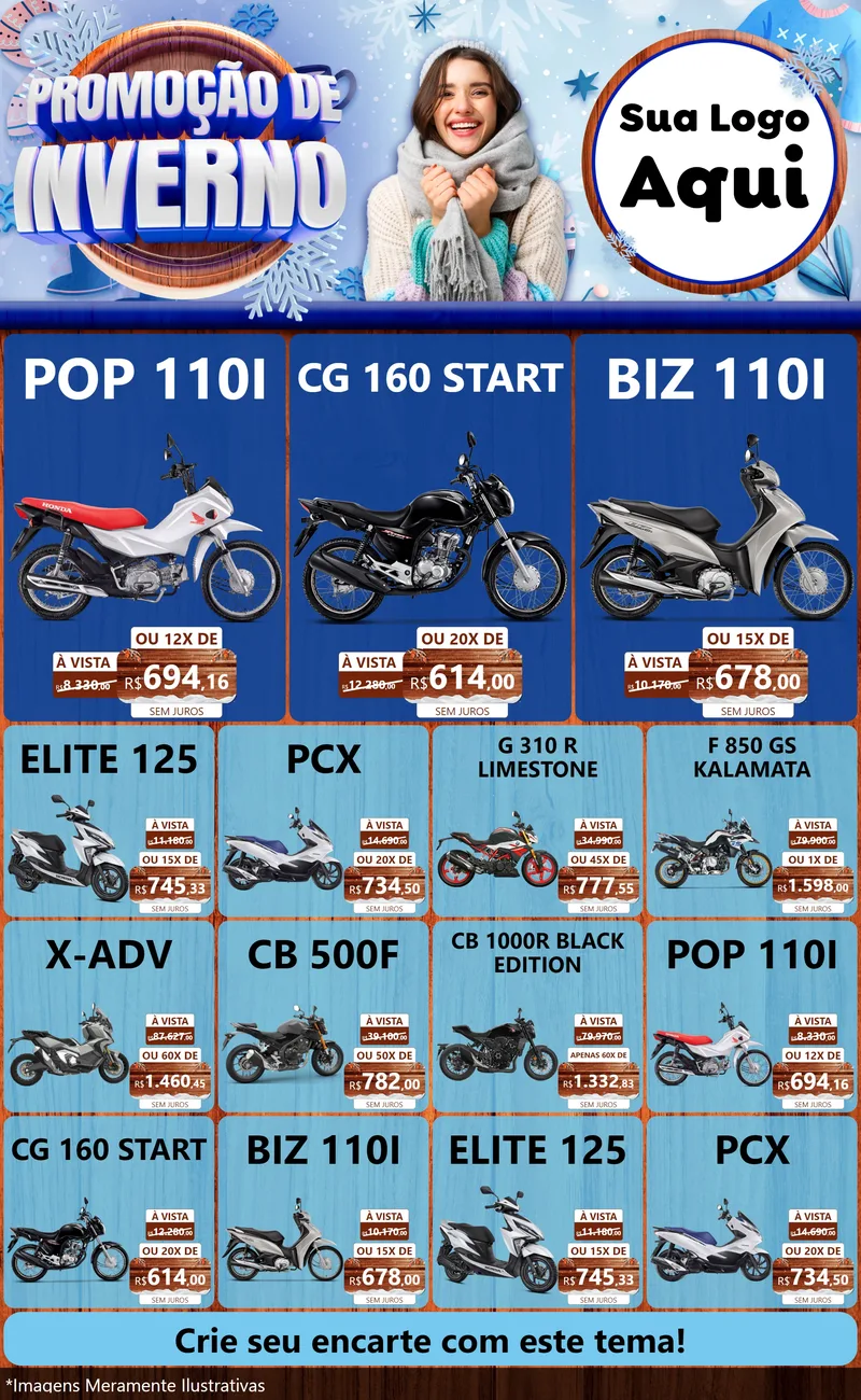 Modelo de Encarte para Encarte Grande com o tema Promoção de Inverno para Concessionaria de Motos