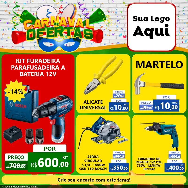 Modelo de Rede Social para Feed Facebook com o tema Carnaval de Ofertas para Maquinas e Ferramentas