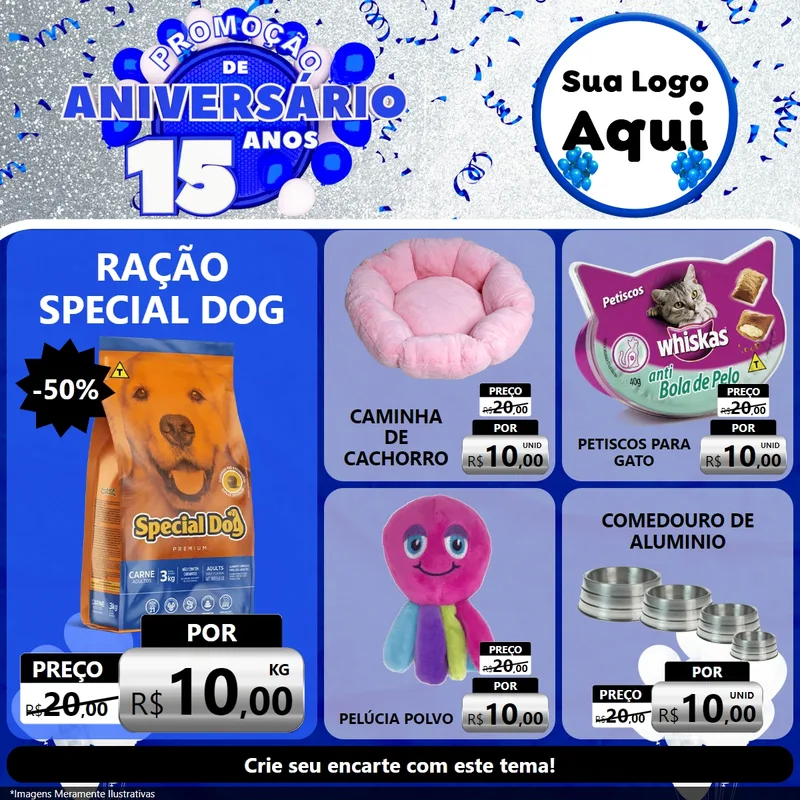 Modelo de Rede Social para Feed Facebook com o tema Promoção de Aniversário - 15 Anos para Pet Shop