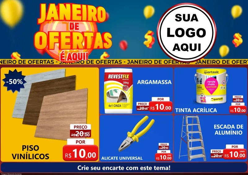 Modelo de Encarte para Encarte A4 Horizontal com o tema Janeiro de Ofertas É Aqui! para Material para Construção