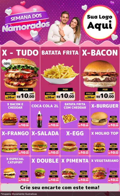 Modelo de Encarte para Encarte Grande com o tema Semana dos Namorados para Hamburgueria