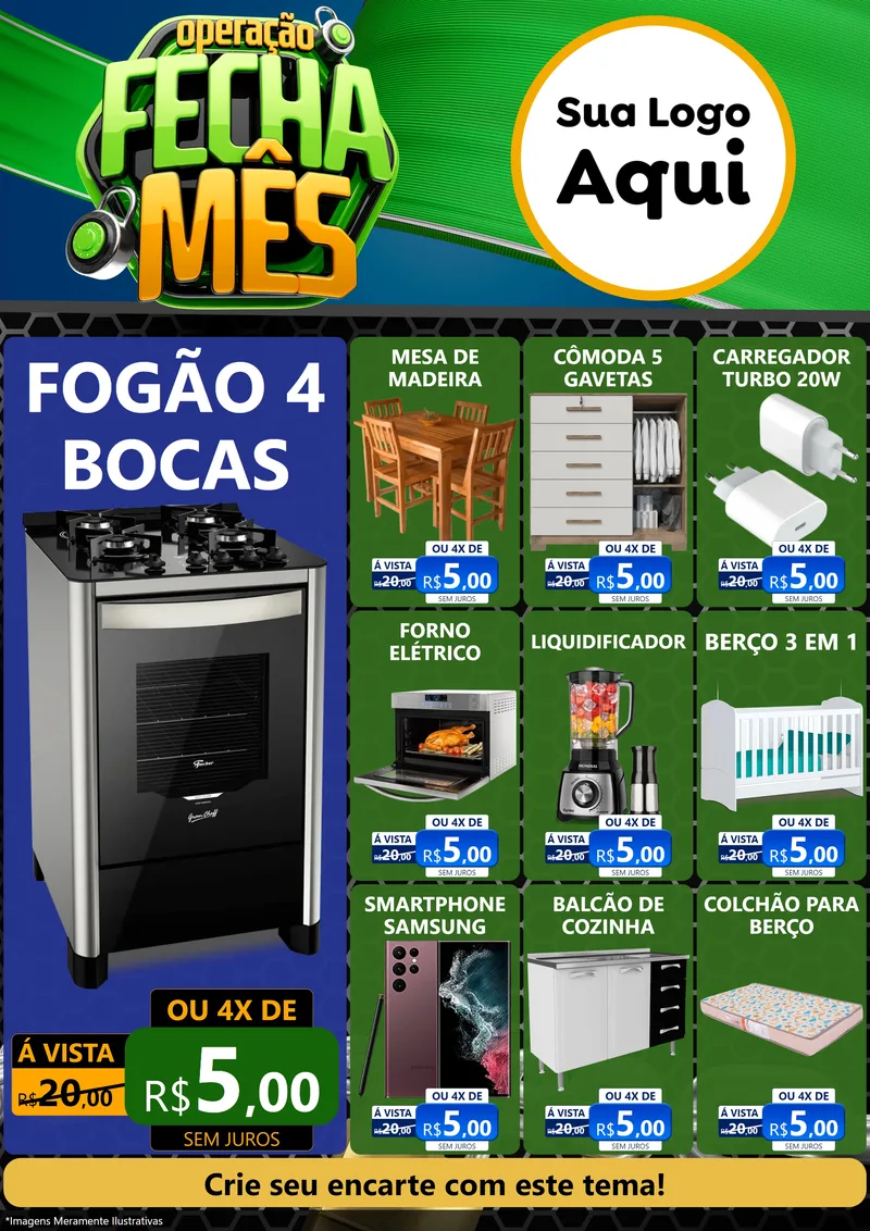 Modelo de Encarte para Encarte A4 Vertical com o tema Operação Fecha Mês para Móveis e Eletro