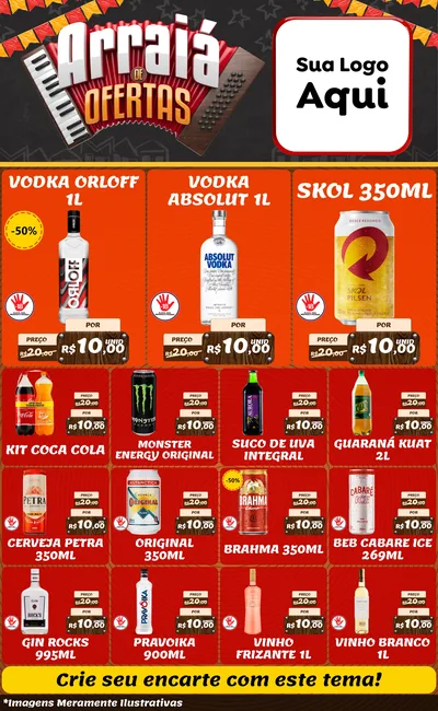 Modelo de Encarte para Encarte Grande com o tema Arraiá de Ofertas - Junina para Distribuidora de bebidas