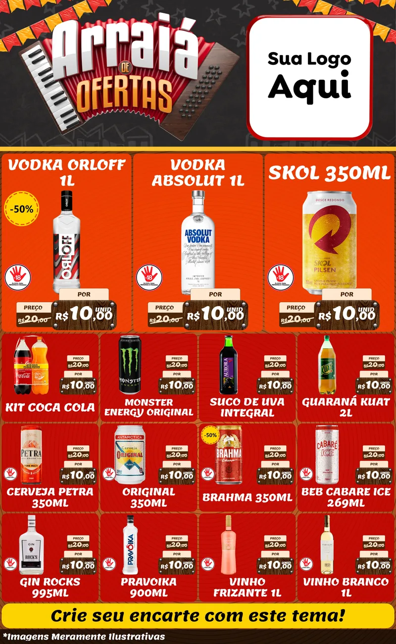 Modelo de Encarte para Encarte Grande com o tema Arraiá de Ofertas - Junina para Distribuidora de bebidas