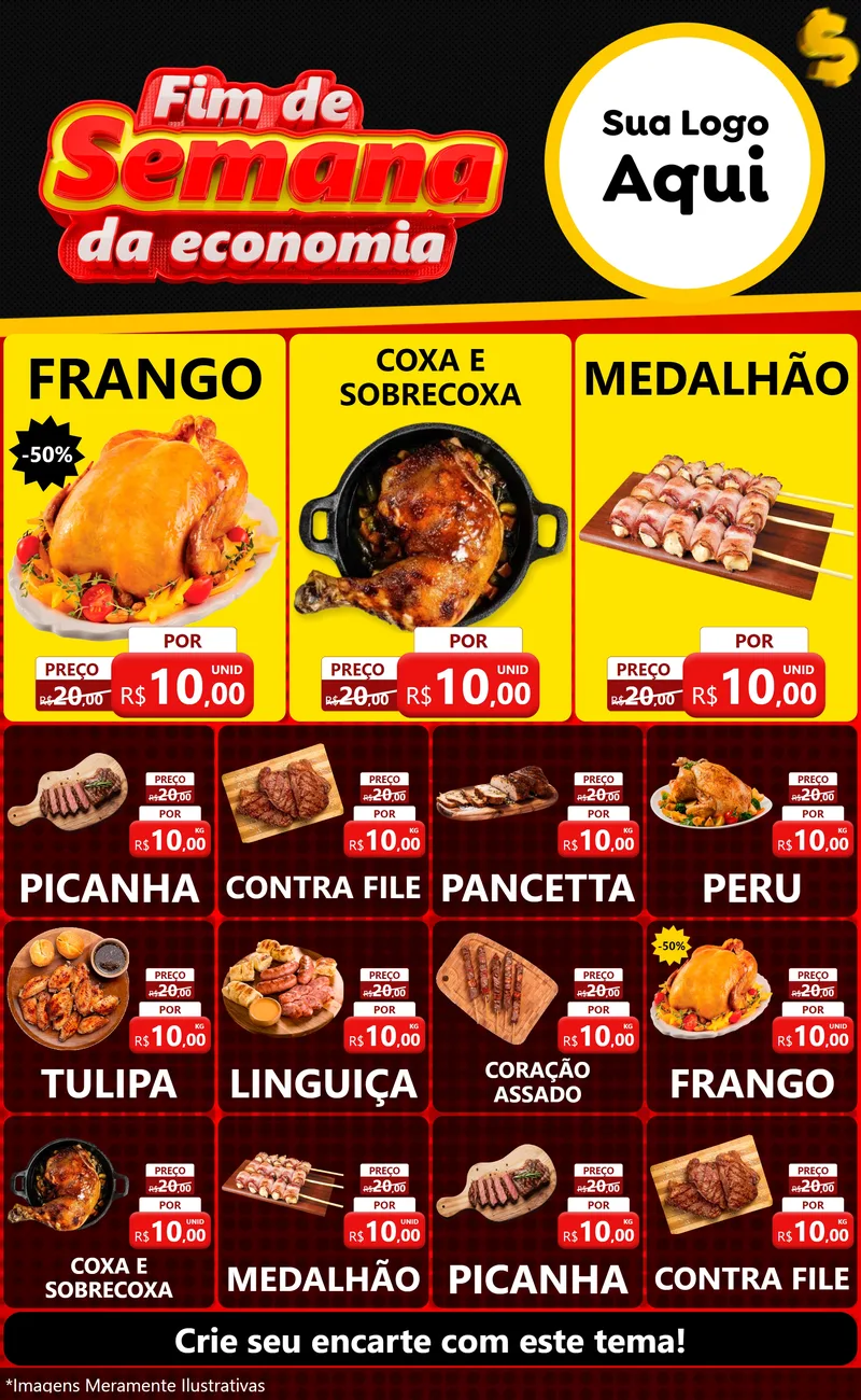 Modelo de Encarte para Encarte Grande com o tema Fim de Semana da Economia para Assados