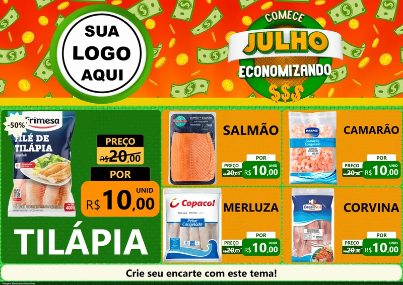 Modelo de Encarte para Encarte A4 Horizontal com o tema Comece Julho Economizando para Peixaria