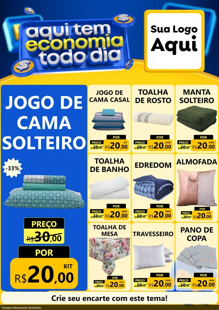 Modelo de Encarte para Encarte A4 Vertical com o tema Aqui Tem Economia Todo Dia para Cama, Mesa e Banho