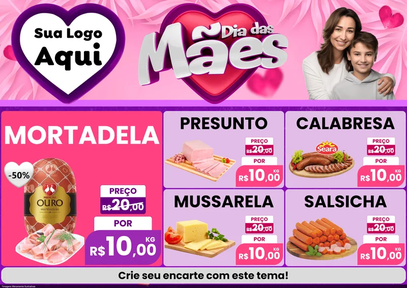 Modelo de Encarte para Encarte A4 Horizontal com o tema Dia das Mães para Frios e Laticínios