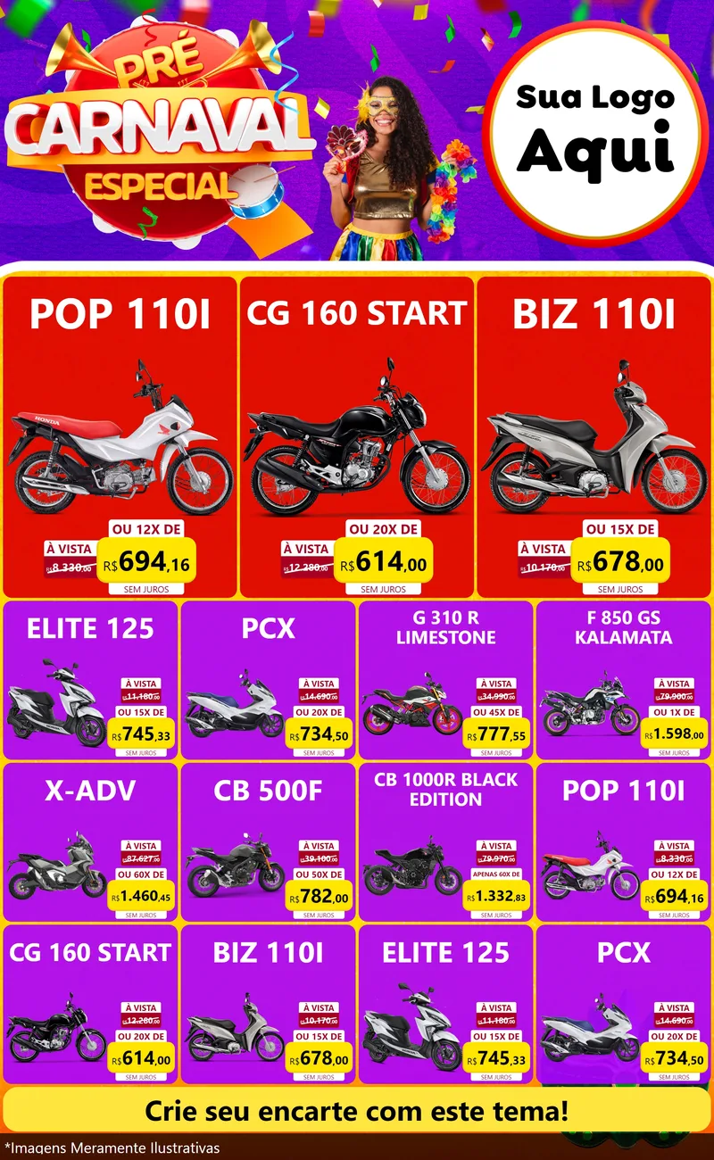 Modelo de Encarte para Encarte Grande com o tema Pré-Carnaval Especial para Concessionaria de Motos