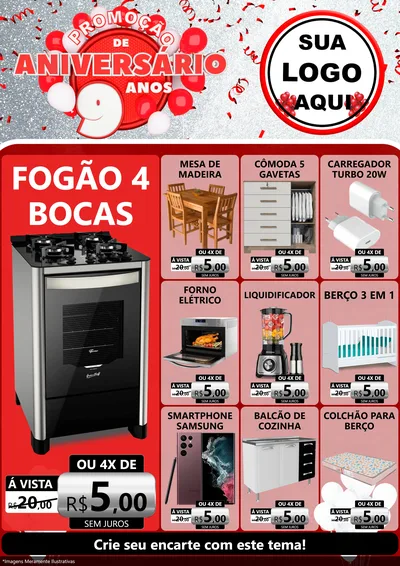 Modelo de Encarte para Encarte A4 Vertical com o tema Promoção de Aniversário - 9 Anos para Móveis e Eletro