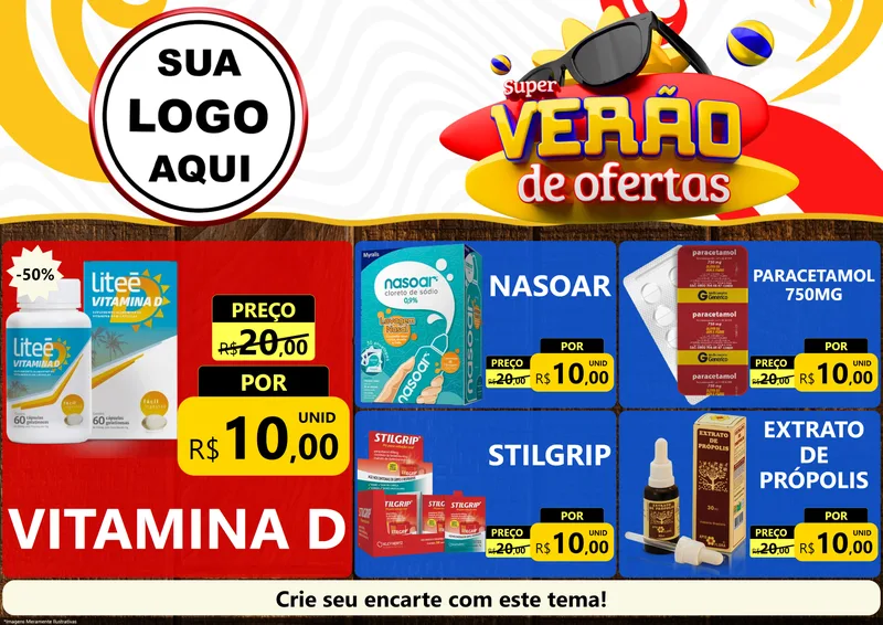 Modelo de Encarte para Encarte A4 Horizontal com o tema Super Verão de Ofertas para Farmácia