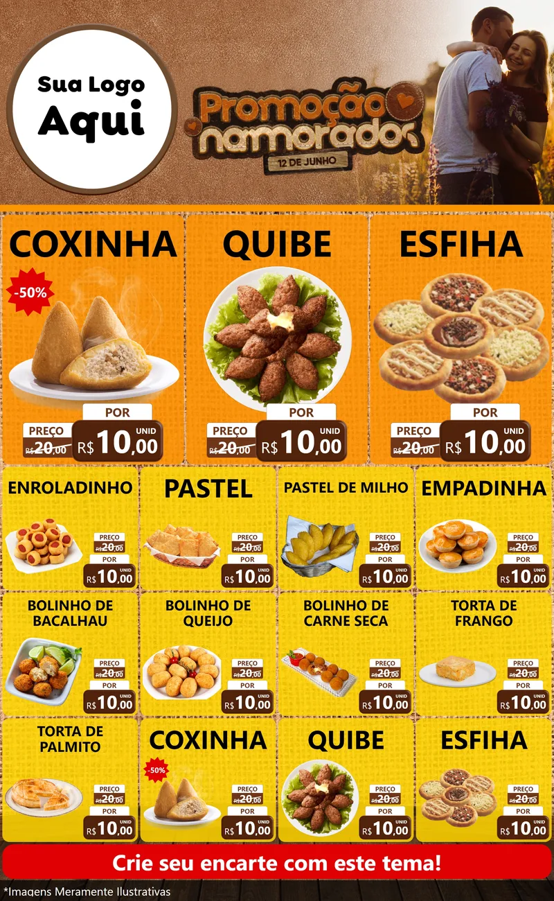 Modelo de Encarte para Encarte Grande com o tema Promoção Namorados para Salgadaria