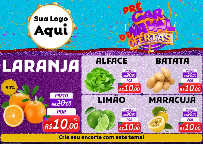 Modelo de Encarte para Encarte A4 Horizontal com o tema Pré Carnaval de Ofertas para Hortifrúti