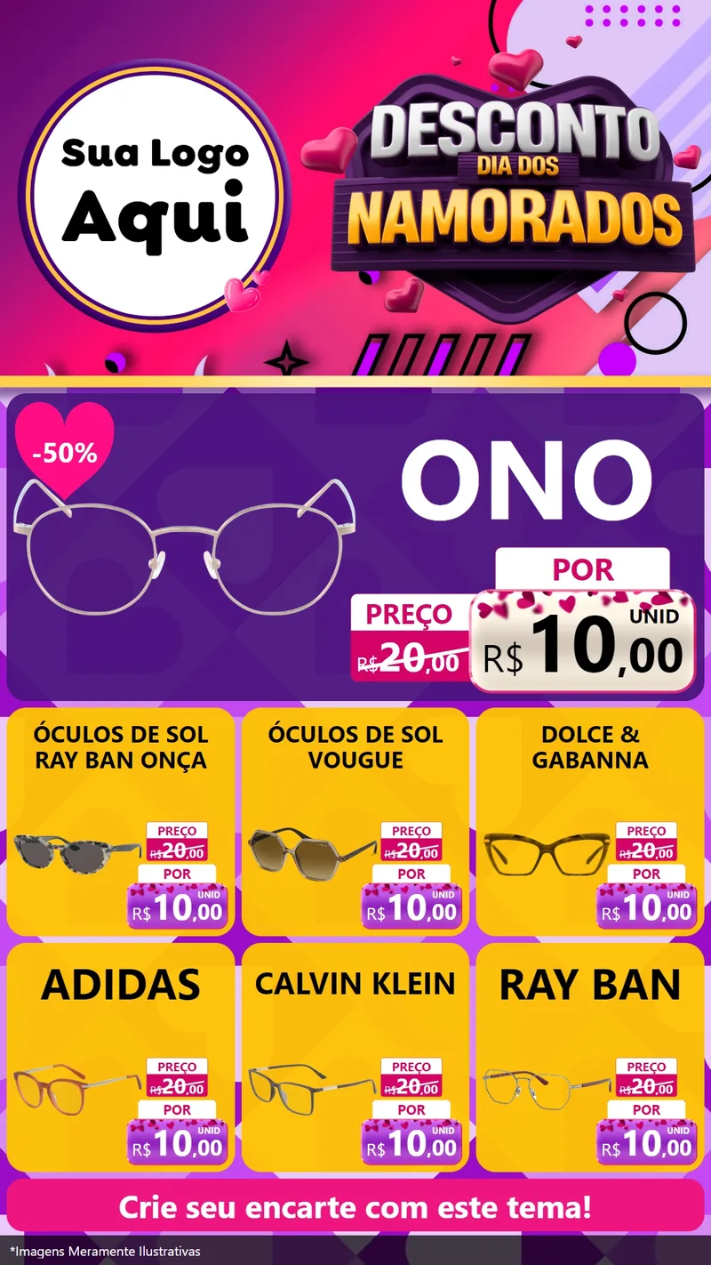 Modelo de Rede Social para Stories com o tema Desconto Dia dos Namorados para Óticas