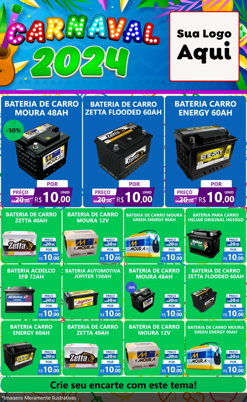 Modelo de Encarte para Encarte Grande com o tema Carnaval 2027 para Baterias Elétricas