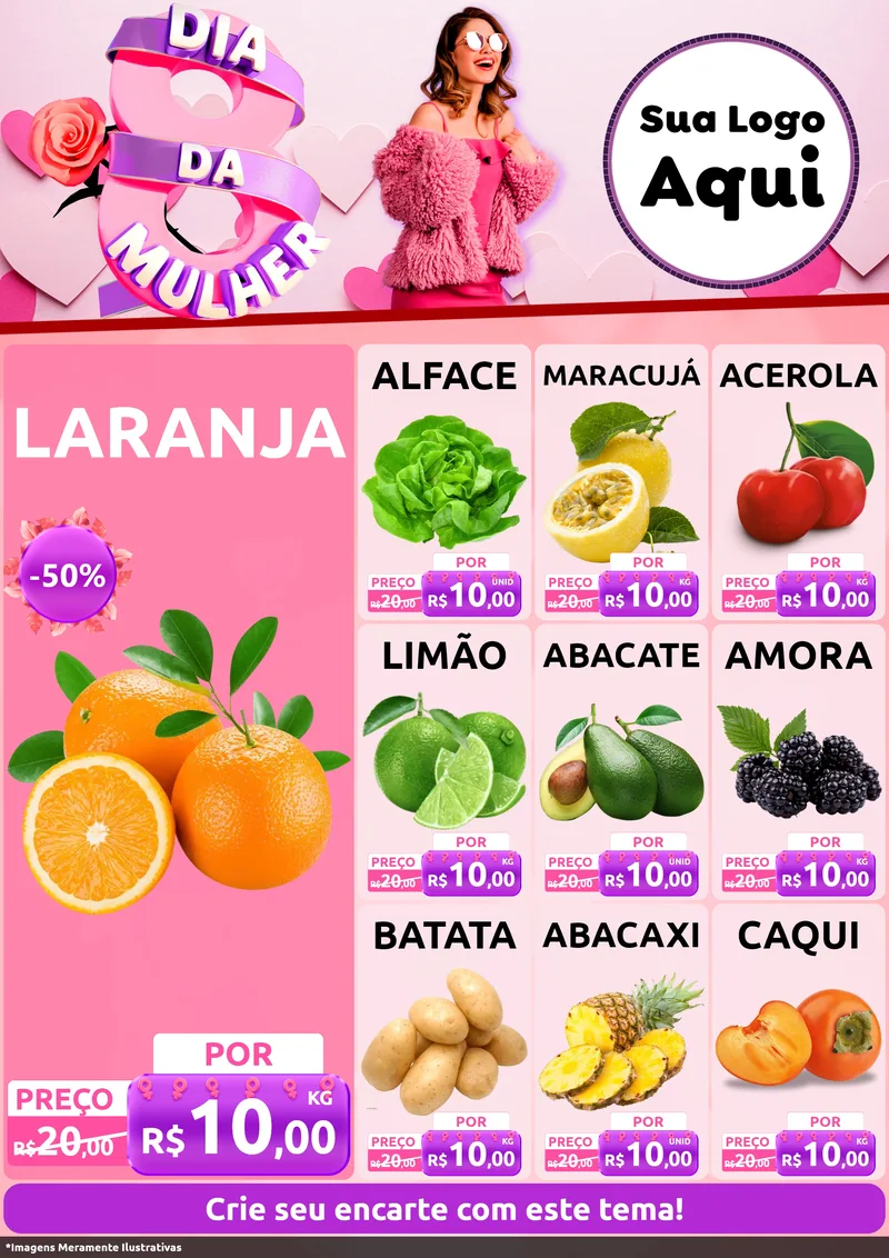 Modelo de Encarte para Encarte A4 Vertical com o tema Dia da Mulher para Hortifrúti