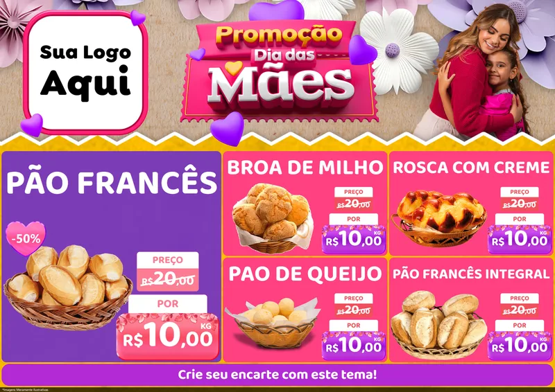 Modelo de Encarte para Encarte A4 Horizontal com o tema Promoção Dia das Mães para Padaria