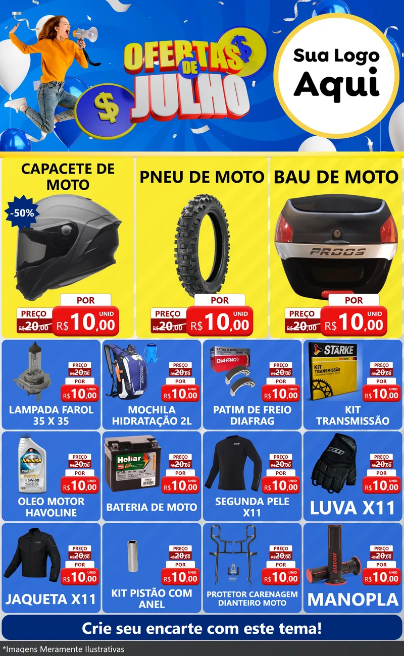 Modelo de Encarte para Encarte Grande com o tema Ofertas de Julho para Moto peças