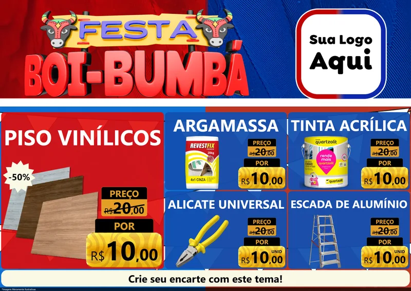 Modelo de Encarte para Encarte A4 Horizontal com o tema Festa Boi Bumbá para Material para Construção