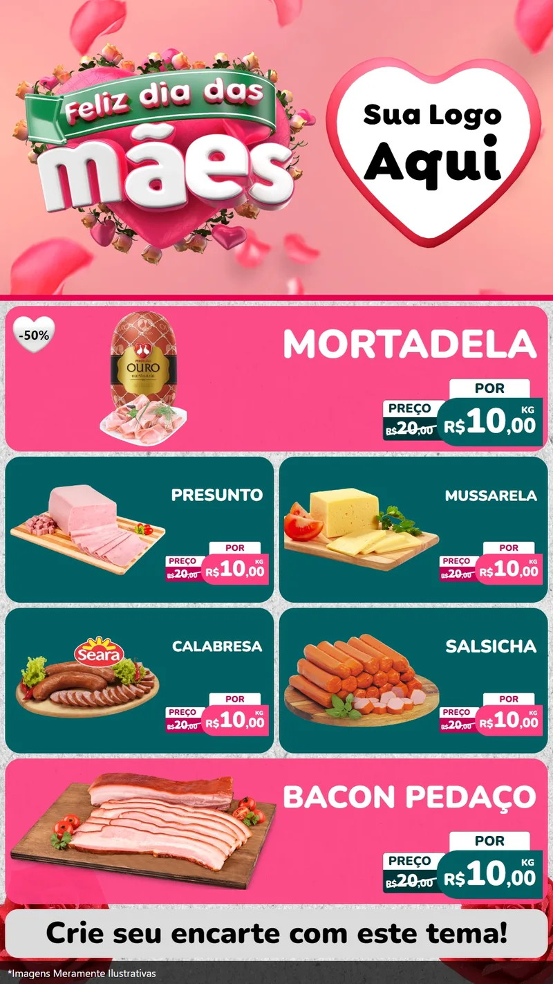 Modelo de TV para TV Vertical com o tema Feliz Dia das Mães para Frios e Laticínios