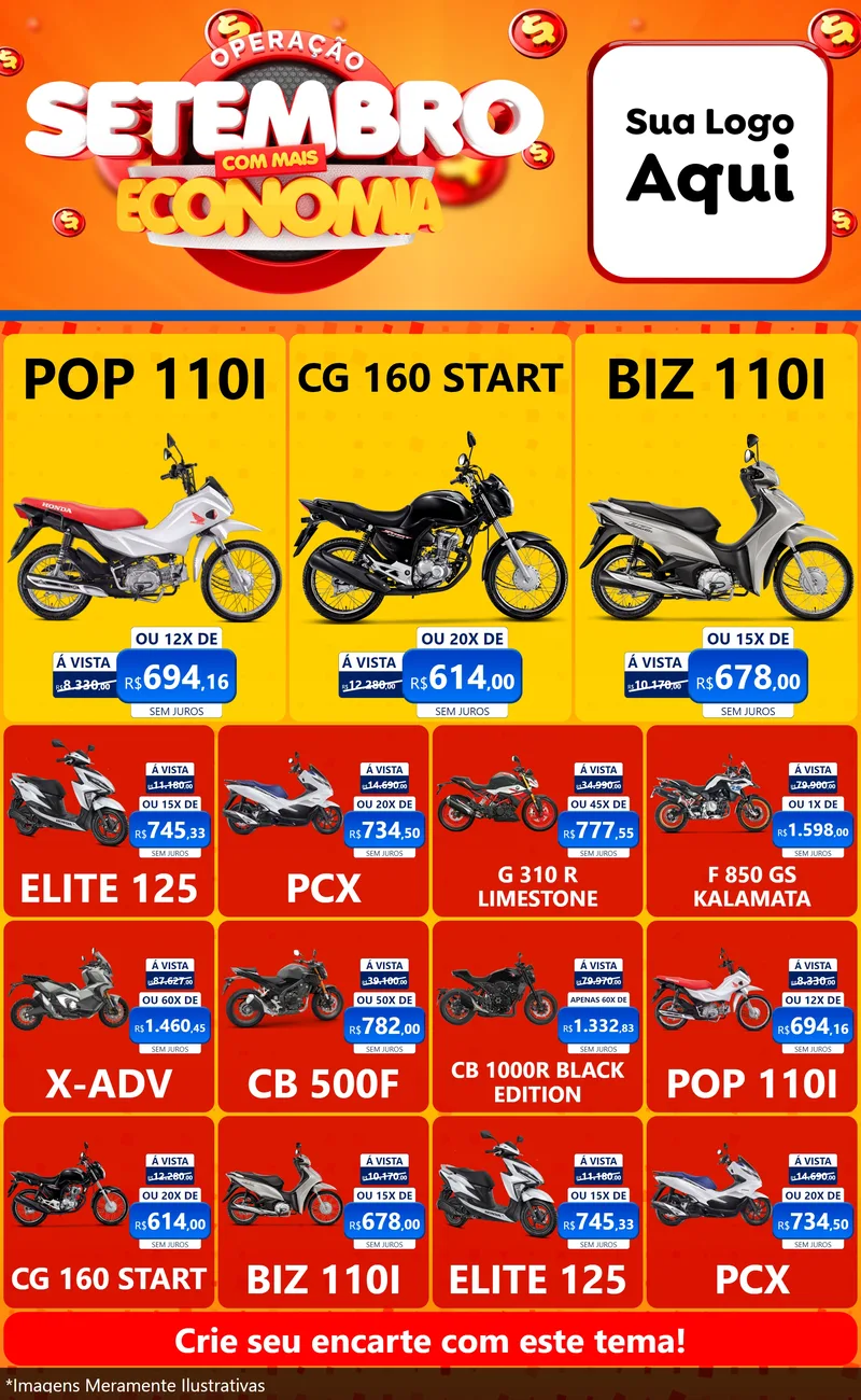 Modelo de Encarte para Encarte Grande com o tema Operação Setembro Com Muita Economia para Concessionaria de Motos