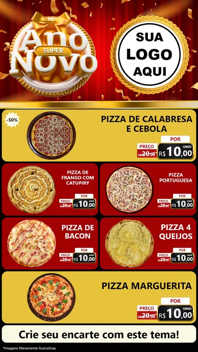 Modelo de TV para TV Vertical com o tema Super Ano Novo para Pizzaria