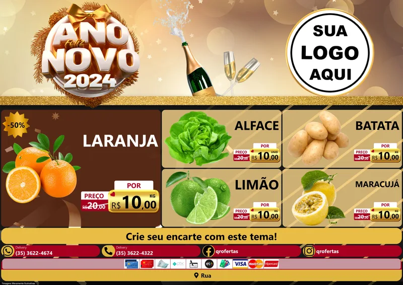 Modelo de Encarte para Encarte A4 Horizontal com o tema Feliz Ano Novo 2027 para Hortifrúti