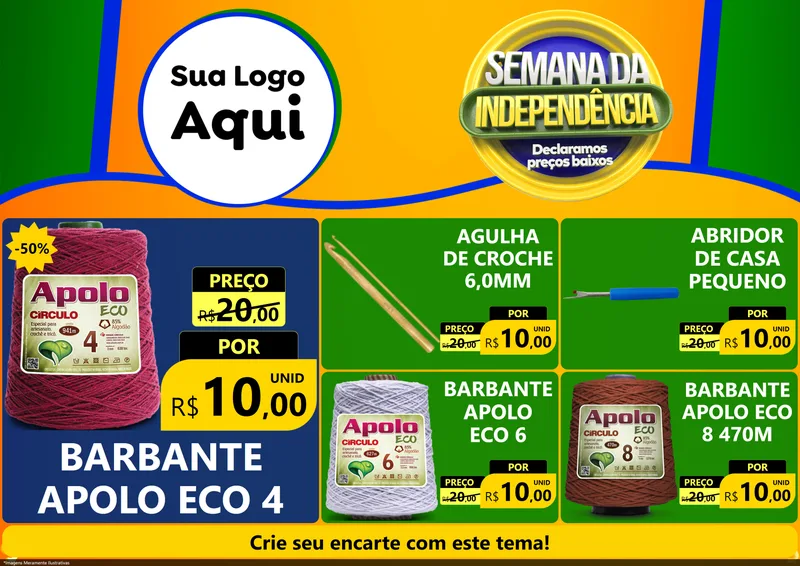 Modelo de Encarte para Encarte A4 Horizontal com o tema Semana da Independência Declaramos Preços Baixos para Armarinho e Aviamentos