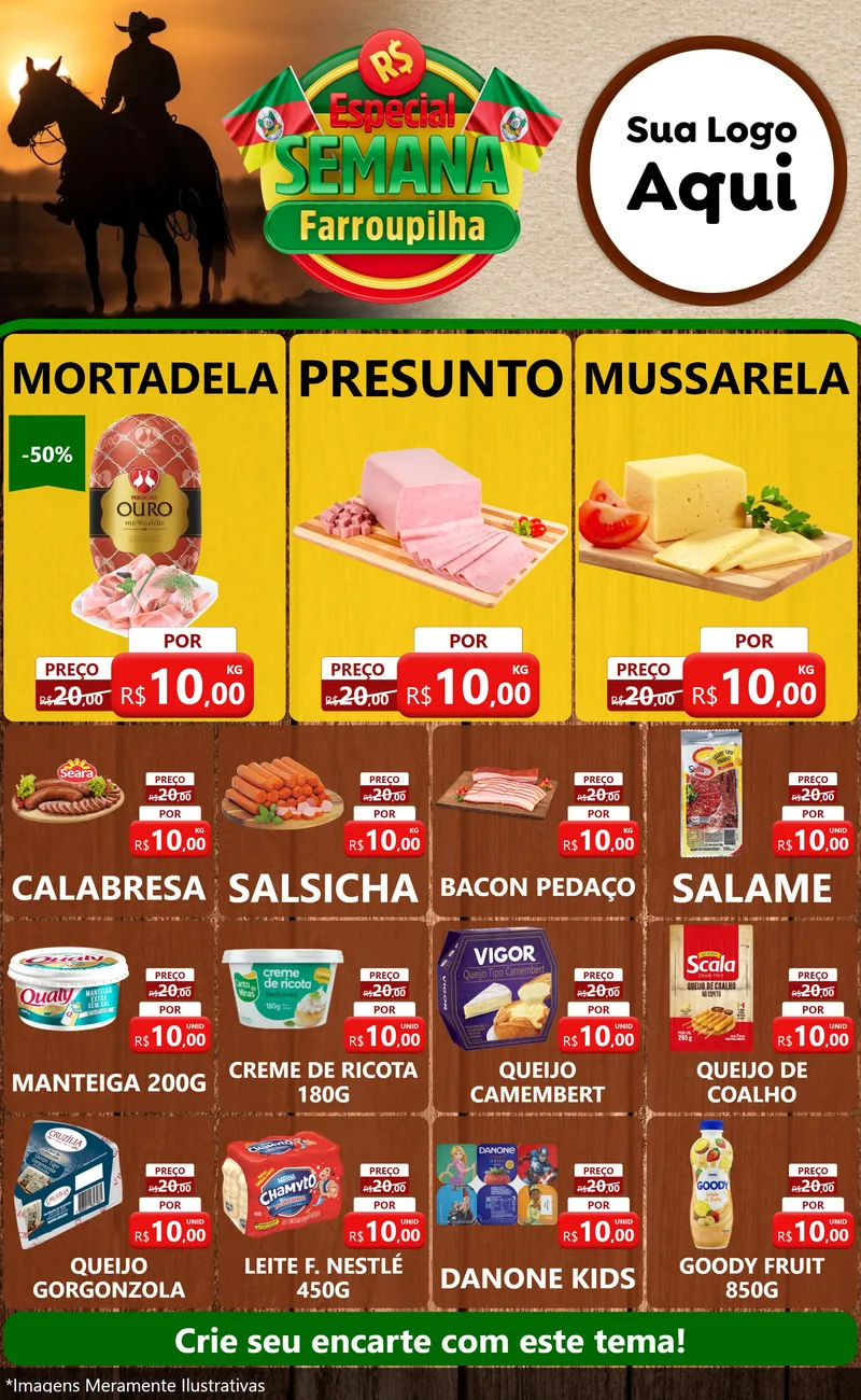 Modelo de Encarte para Encarte Grande com o tema Especial Semana Farroupilha para Frios e Laticínios