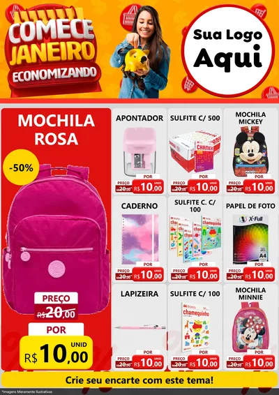 Modelo de Encarte para Encarte A4 Vertical com o tema Comece Janeiro Economizando para Papelaria