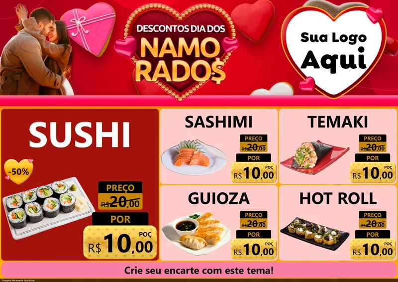 Modelo de Encarte para Encarte A4 Horizontal com o tema Descontos Dia dos Namorados para Comida japonesa
