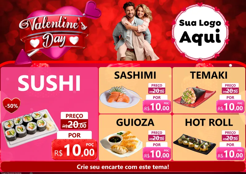 Modelo de Encarte para Encarte A4 Horizontal com o tema Valentine's Day para Comida japonesa