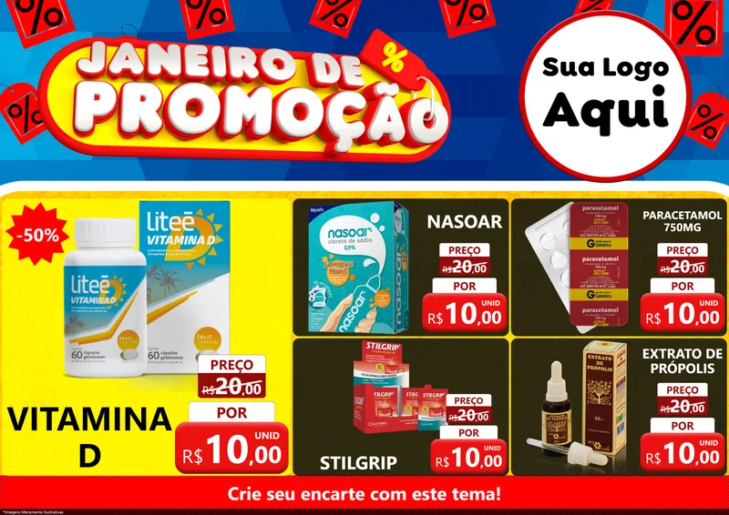 Modelo de Encarte para Encarte A4 Horizontal com o tema Janeiro de Promoção para Farmácia
