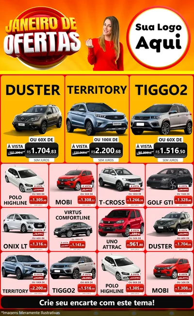 Modelo de Encarte para Encarte Grande com o tema Janeiro de Ofertas para Concessionaria de Carros