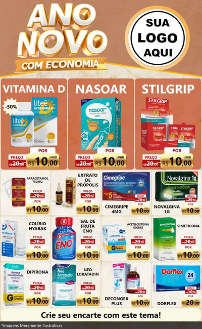 Modelo de Encarte para Encarte Grande com o tema Ano Novo Com Economia para Farmácia