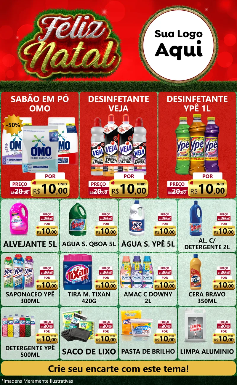 Modelo de Encarte para Encarte Grande com o tema Feliz Natal para Produtos de Limpeza