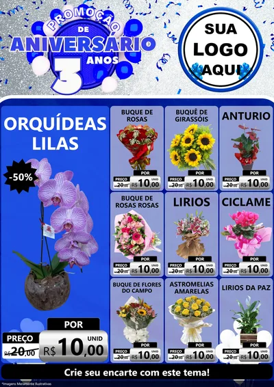 Modelo de Encarte para Encarte A4 Vertical com o tema Promoção de Aniversário - 3 Anos para Floricultura e jardim