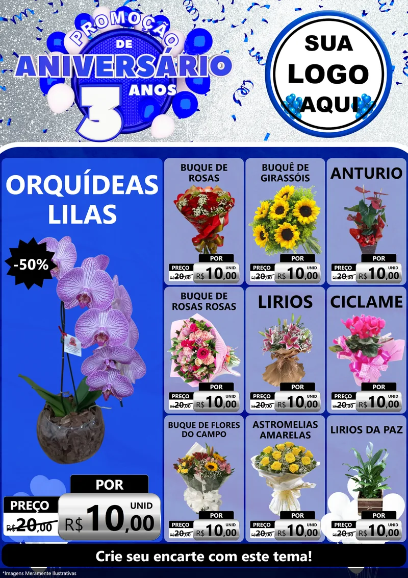 Modelo de Encarte para Encarte A4 Vertical com o tema Promoção de Aniversário - 3 Anos para Floricultura e jardim