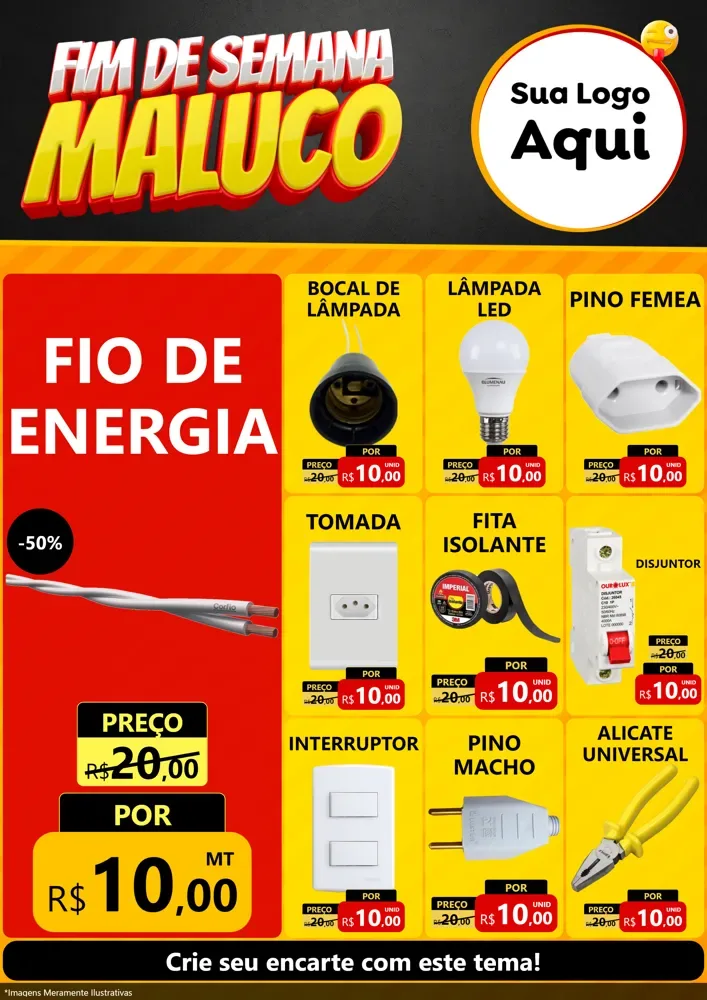Modelo de Encarte para Encarte A4 Vertical com o tema Final de Semana Maluco para Materiais Elétricos