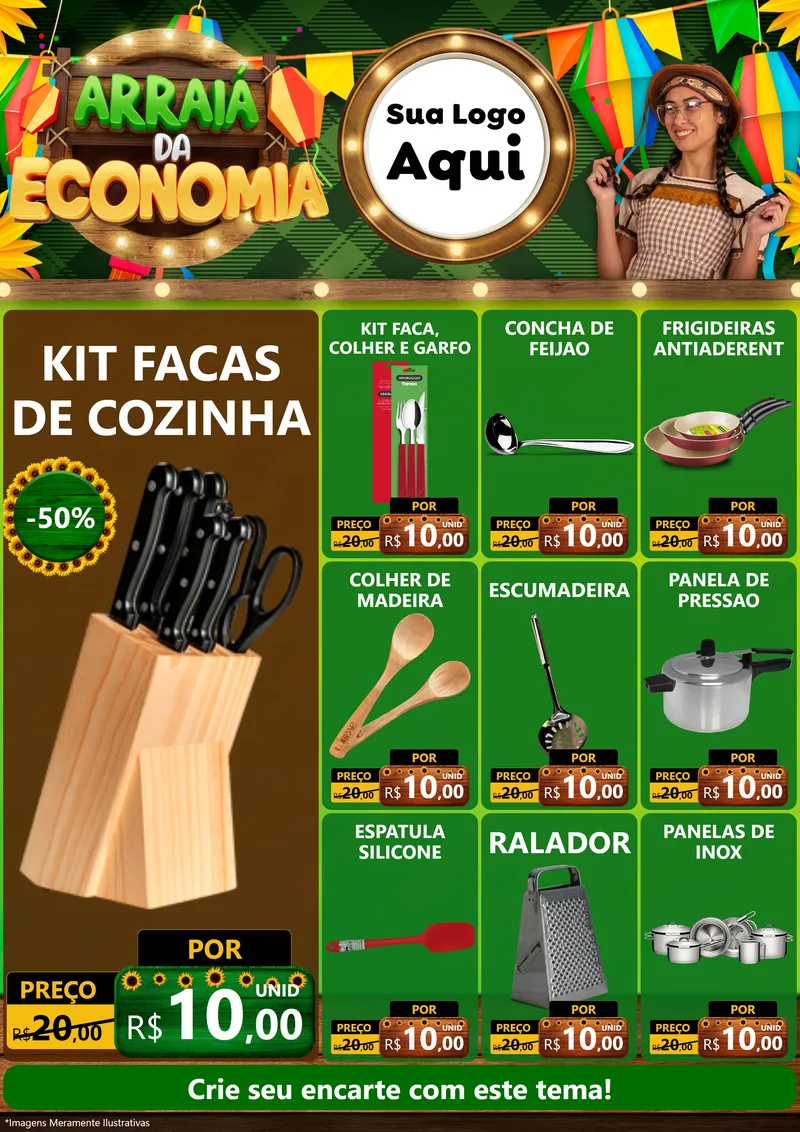 Modelo de Encarte para Encarte A4 Vertical com o tema Arraiá de Economia para Utilidades Domésticas