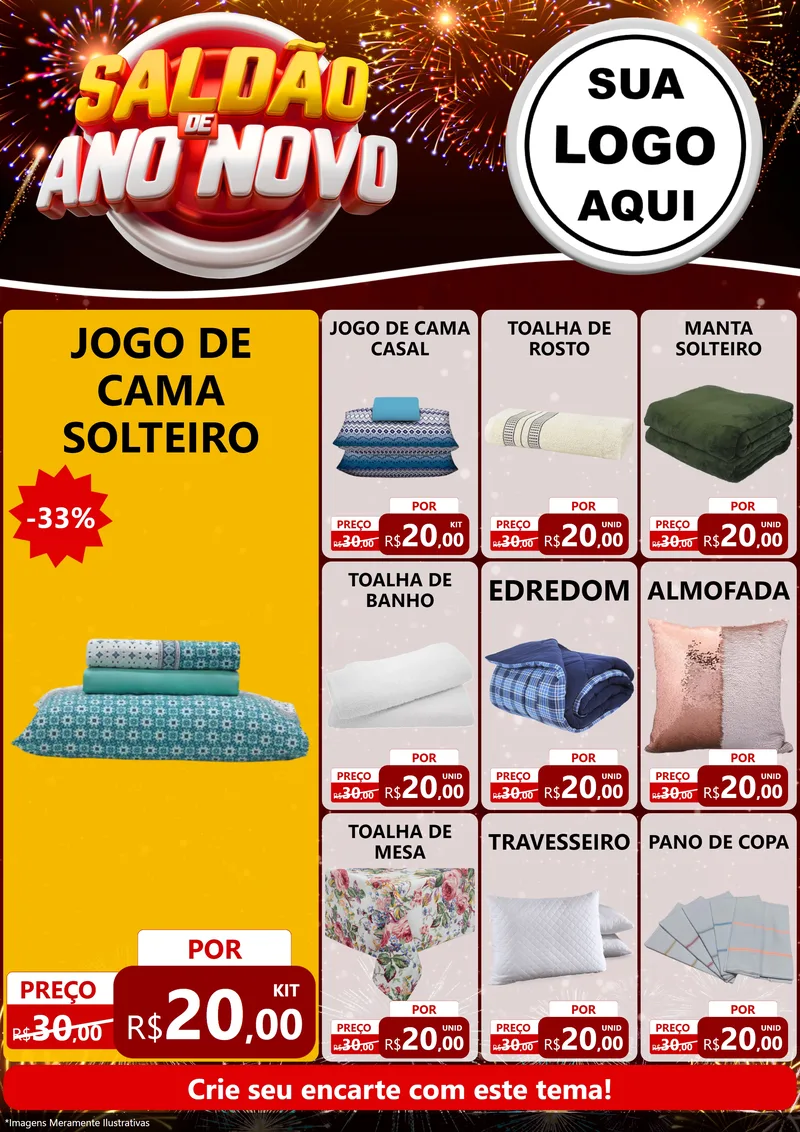Modelo de Encarte para Encarte A4 Vertical com o tema Saldão de Ano Novo para Cama, Mesa e Banho