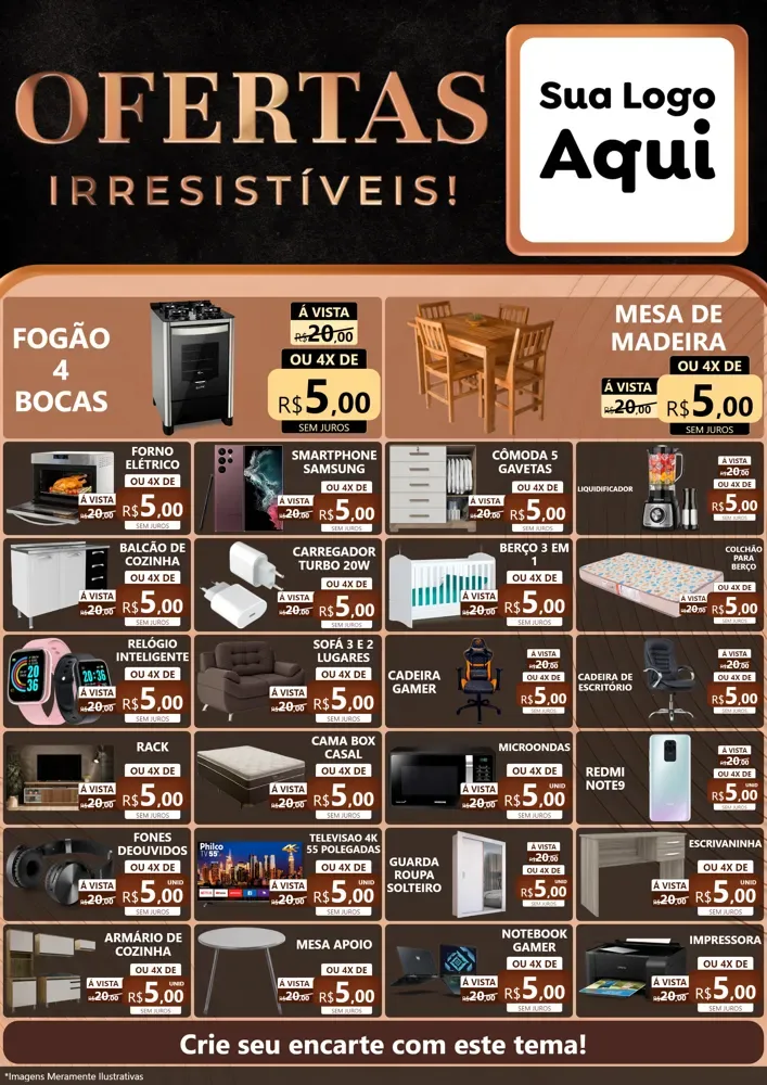 Modelo de Encarte para Encarte A4 Vertical com o tema Ofertas Irresistíveis! para Móveis e Eletro