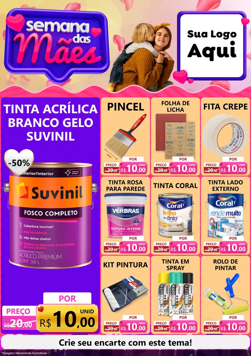 Modelo de Encarte para Encarte A4 Vertical com o tema Semana das Mães para Tintas e Ferramentas